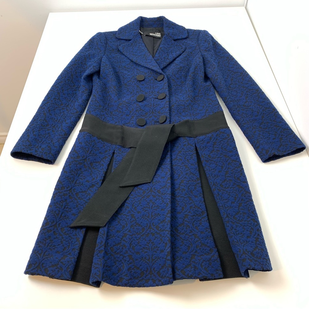 Love Moschino Jacket Blue Black Textured Sz 4 Belt Italy Quiet Luxury Elegant - Picture 4 of 14